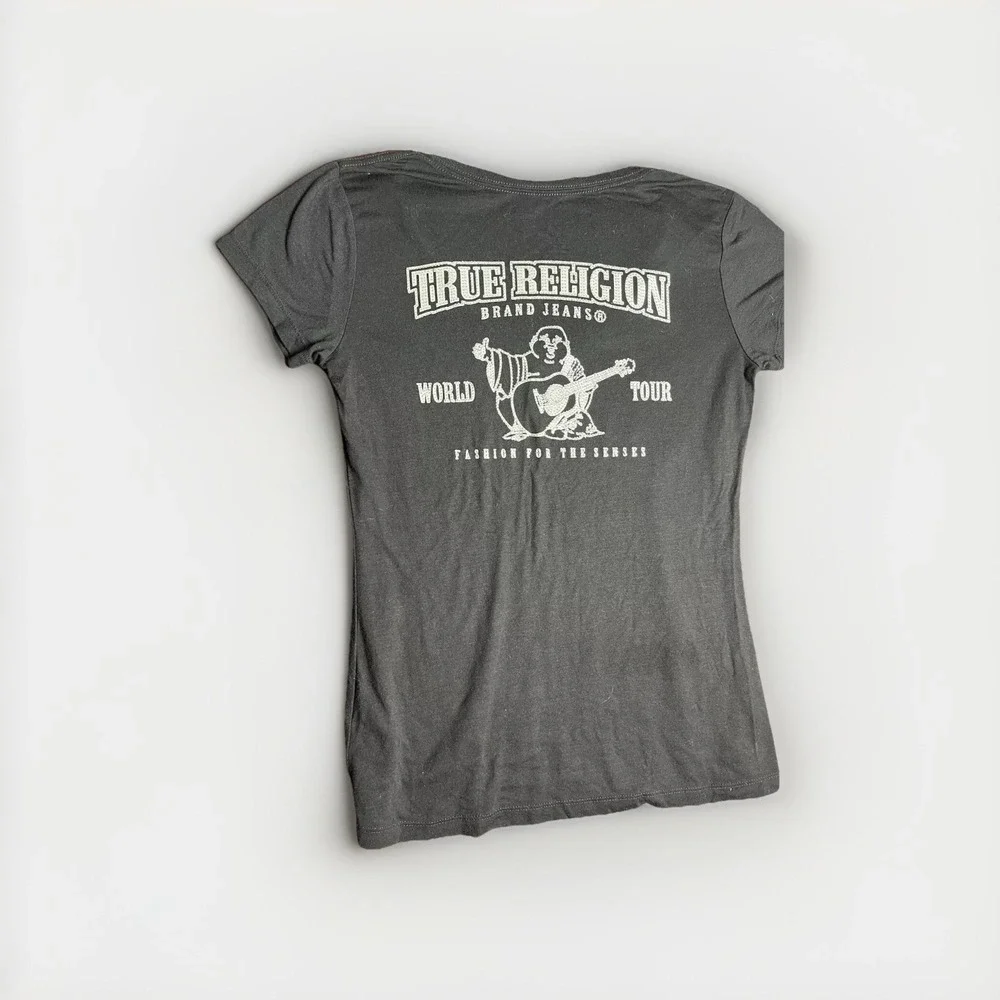 True Religion Black Diamond V Neck T Shirt Womens Sz-s/p Horseshoe Logo Y2K